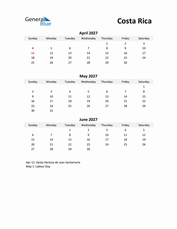 Printable Quarterly Calendar with Notes and Costa Rica Holidays- Q2 of 2027