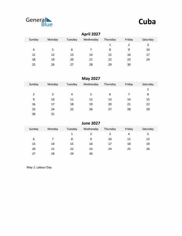 Printable Quarterly Calendar with Notes and Cuba Holidays- Q2 of 2027