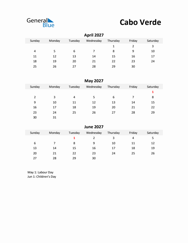 Printable Quarterly Calendar with Notes and Cabo Verde Holidays- Q2 of 2027