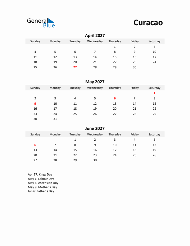 Printable Quarterly Calendar with Notes and Curacao Holidays- Q2 of 2027