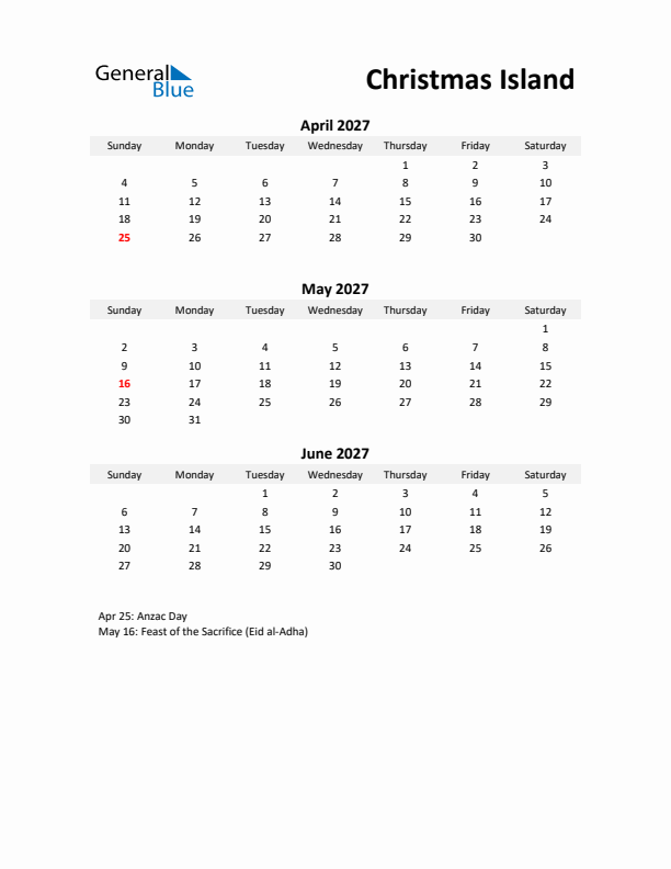 Printable Quarterly Calendar with Notes and Christmas Island Holidays- Q2 of 2027