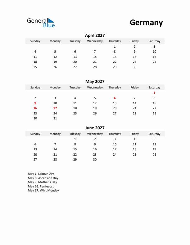 Printable Quarterly Calendar with Notes and Germany Holidays- Q2 of 2027