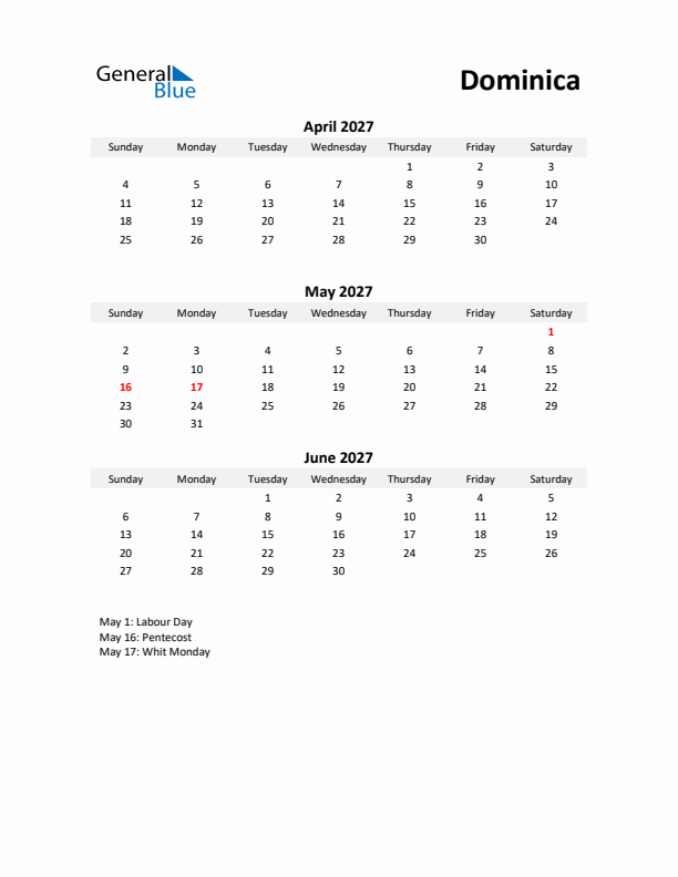 Printable Quarterly Calendar with Notes and Dominica Holidays- Q2 of 2027