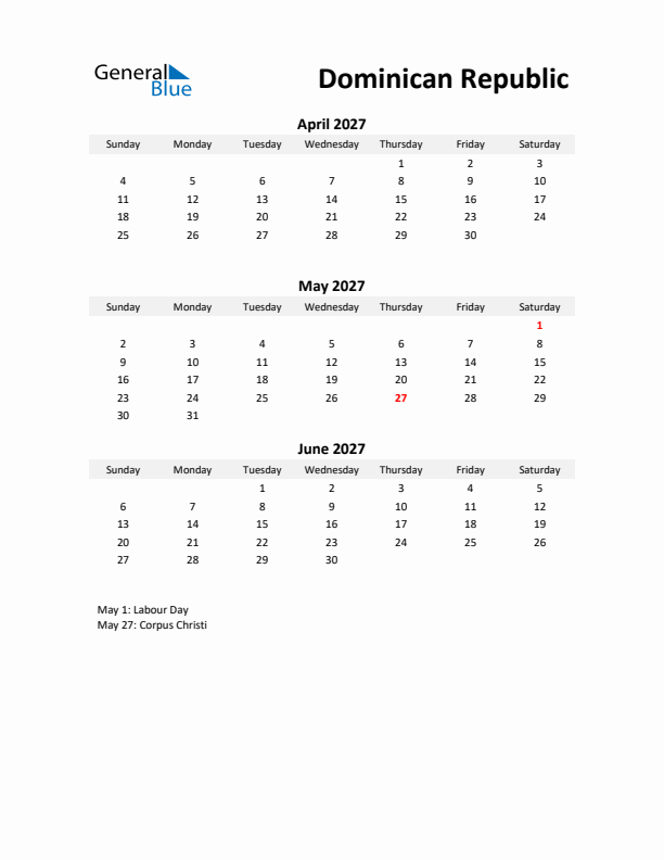 Printable Quarterly Calendar with Notes and Dominican Republic Holidays- Q2 of 2027