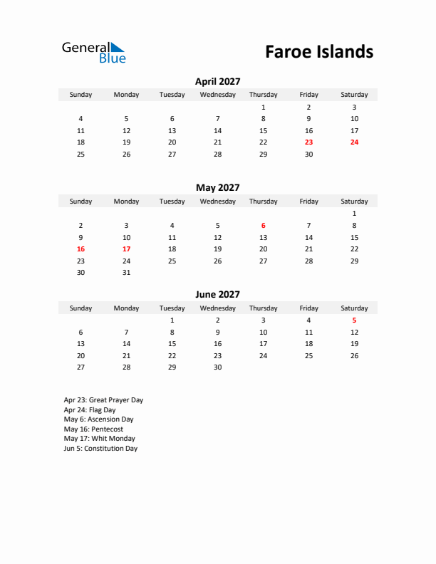 Printable Quarterly Calendar with Notes and Faroe Islands Holidays- Q2 of 2027