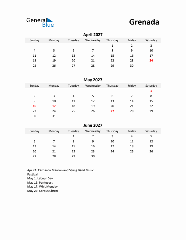 Printable Quarterly Calendar with Notes and Grenada Holidays- Q2 of 2027