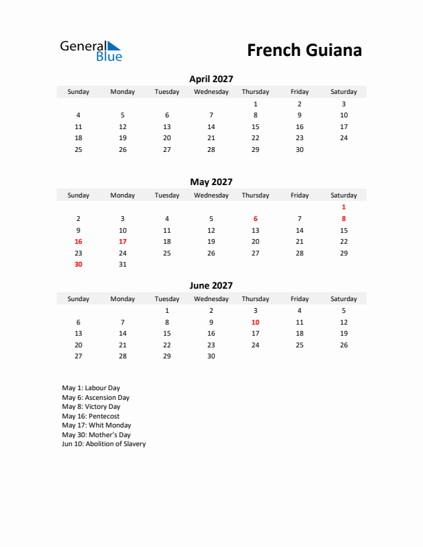 Printable Quarterly Calendar with Notes and French Guiana Holidays- Q2 of 2027