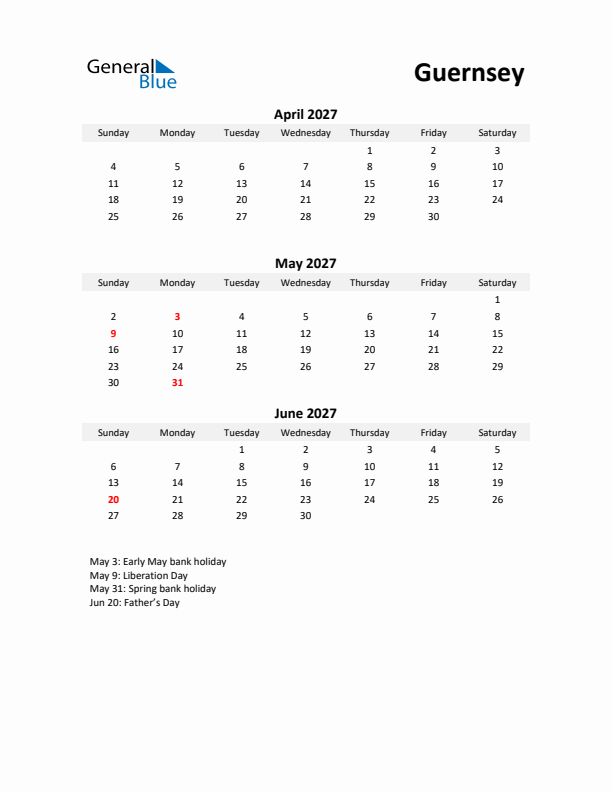 Printable Quarterly Calendar with Notes and Guernsey Holidays- Q2 of 2027