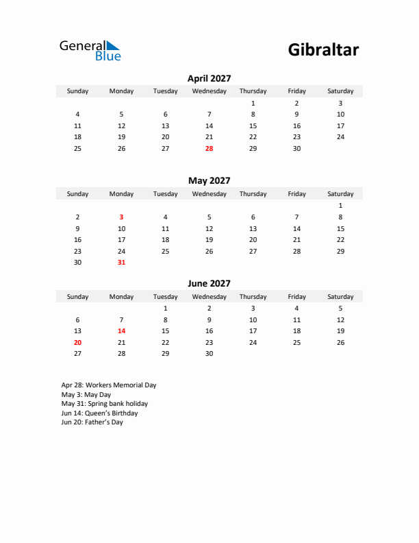 Printable Quarterly Calendar with Notes and Gibraltar Holidays- Q2 of 2027