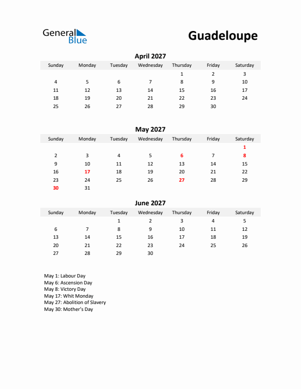 Printable Quarterly Calendar with Notes and Guadeloupe Holidays- Q2 of 2027