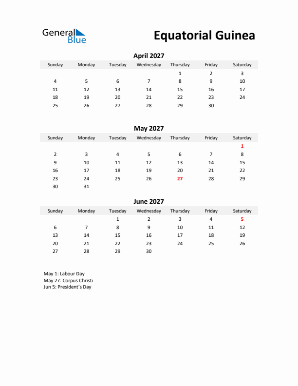 Printable Quarterly Calendar with Notes and Equatorial Guinea Holidays- Q2 of 2027