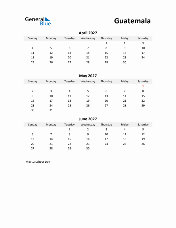 Printable Quarterly Calendar with Notes and Guatemala Holidays- Q2 of 2027