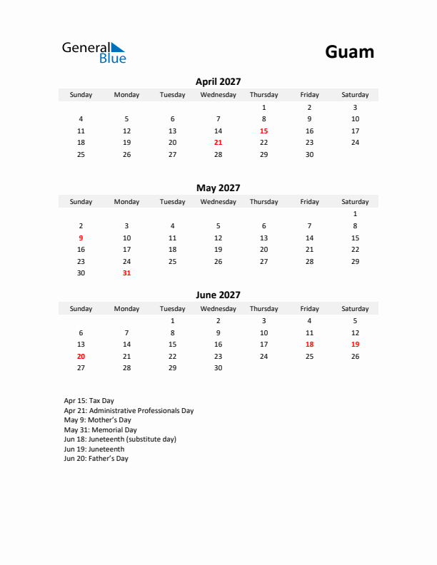 Printable Quarterly Calendar with Notes and Guam Holidays- Q2 of 2027