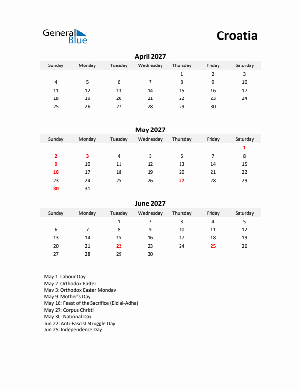 Printable Quarterly Calendar with Notes and Croatia Holidays- Q2 of 2027