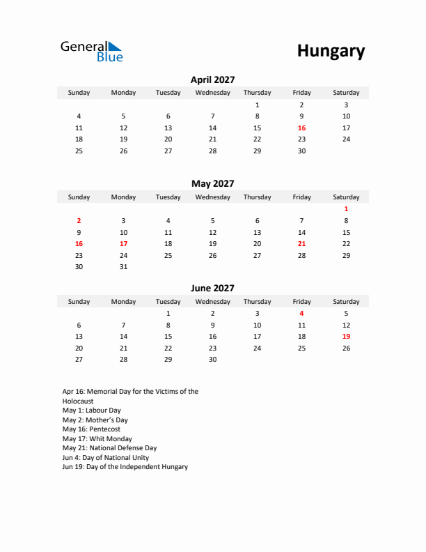 Printable Quarterly Calendar with Notes and Hungary Holidays- Q2 of 2027