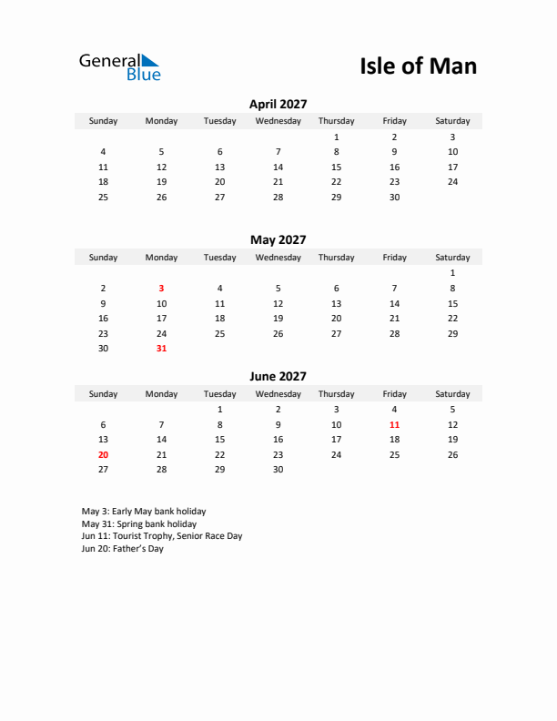 Printable Quarterly Calendar with Notes and Isle of Man Holidays- Q2 of 2027