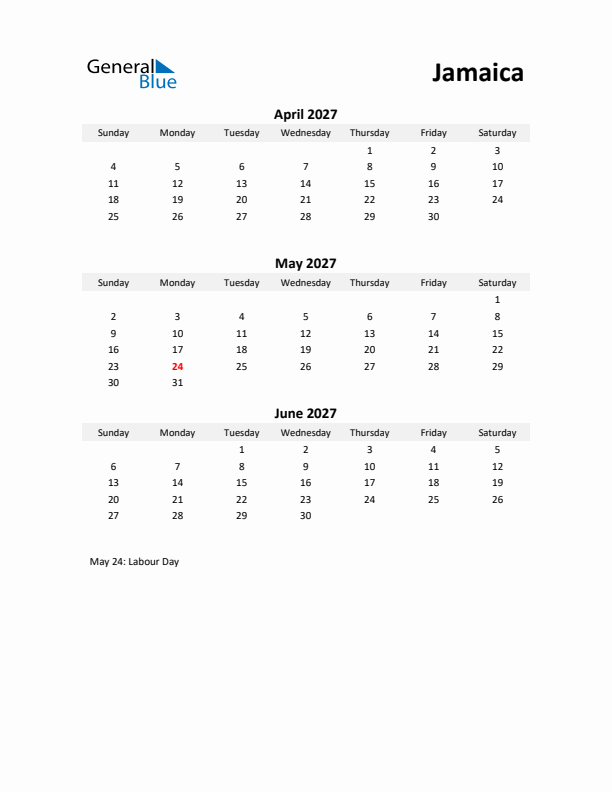 Printable Quarterly Calendar with Notes and Jamaica Holidays- Q2 of 2027