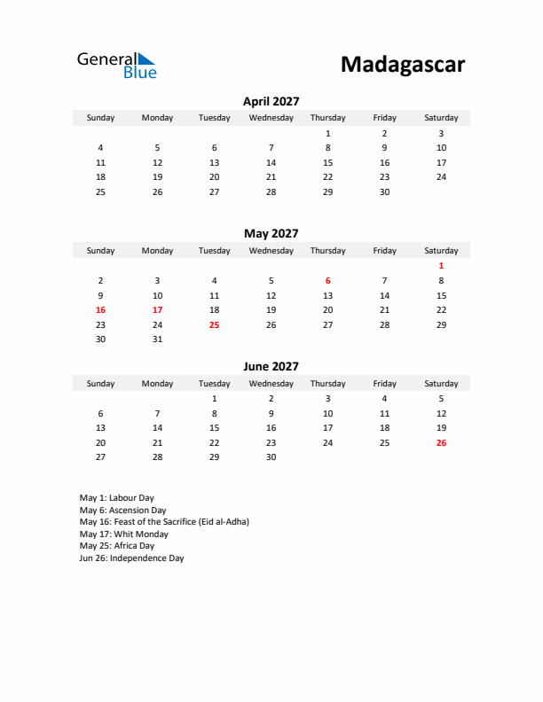 Printable Quarterly Calendar with Notes and Madagascar Holidays- Q2 of 2027