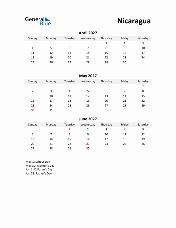 Printable Quarterly Calendar with Notes and Nicaragua Holidays- Q2 of 2027