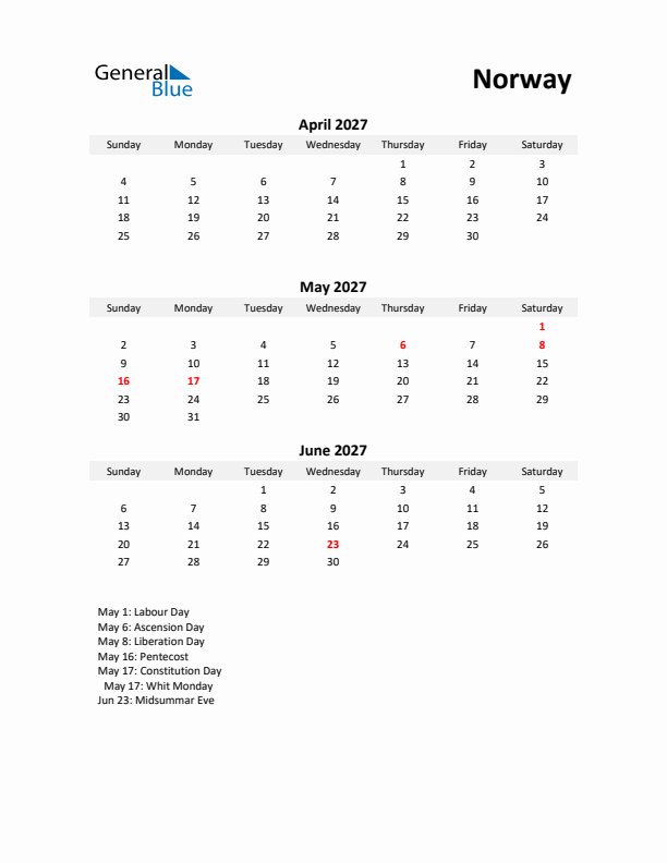 Printable Quarterly Calendar with Notes and Norway Holidays- Q2 of 2027