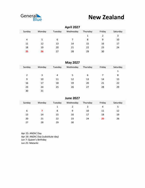 Printable Quarterly Calendar with Notes and New Zealand Holidays- Q2 of 2027