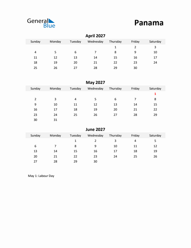 Printable Quarterly Calendar with Notes and Panama Holidays- Q2 of 2027