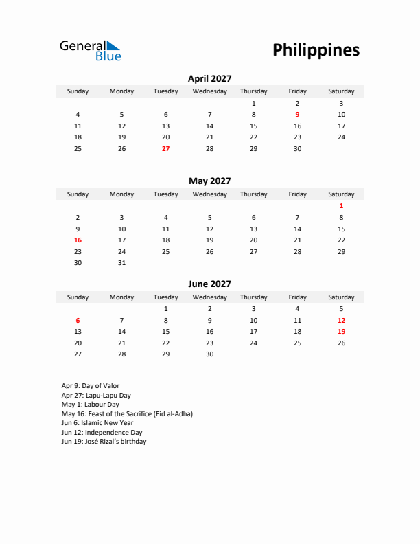 Printable Quarterly Calendar with Notes and Philippines Holidays- Q2 of 2027