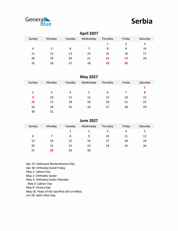 Printable Quarterly Calendar with Notes and Serbia Holidays- Q2 of 2027