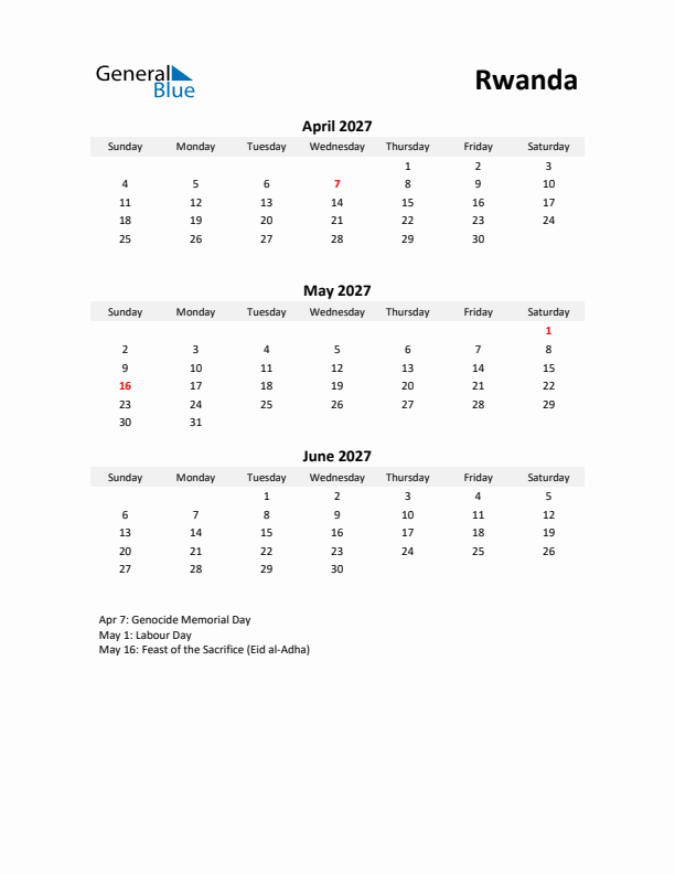 Printable Quarterly Calendar with Notes and Rwanda Holidays- Q2 of 2027