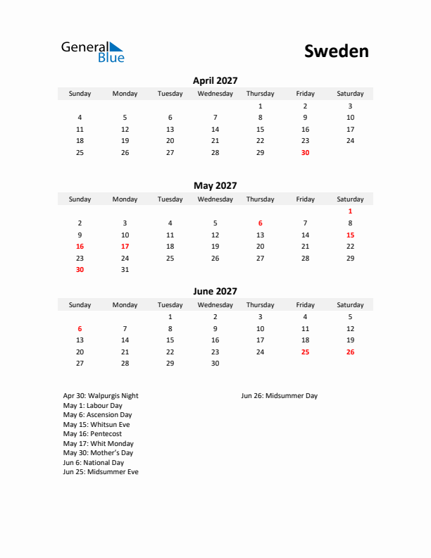 Printable Quarterly Calendar with Notes and Sweden Holidays- Q2 of 2027