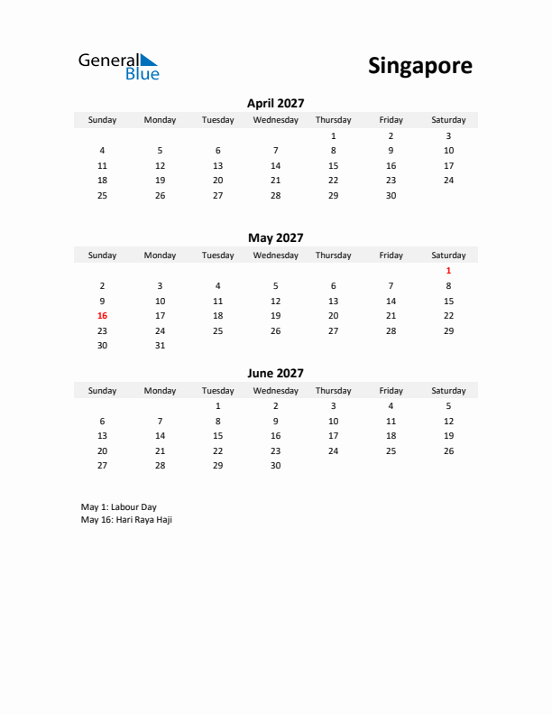 Printable Quarterly Calendar with Notes and Singapore Holidays- Q2 of 2027