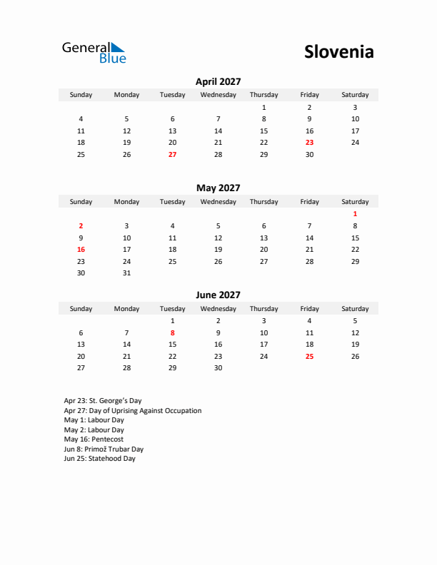 Printable Quarterly Calendar with Notes and Slovenia Holidays- Q2 of 2027