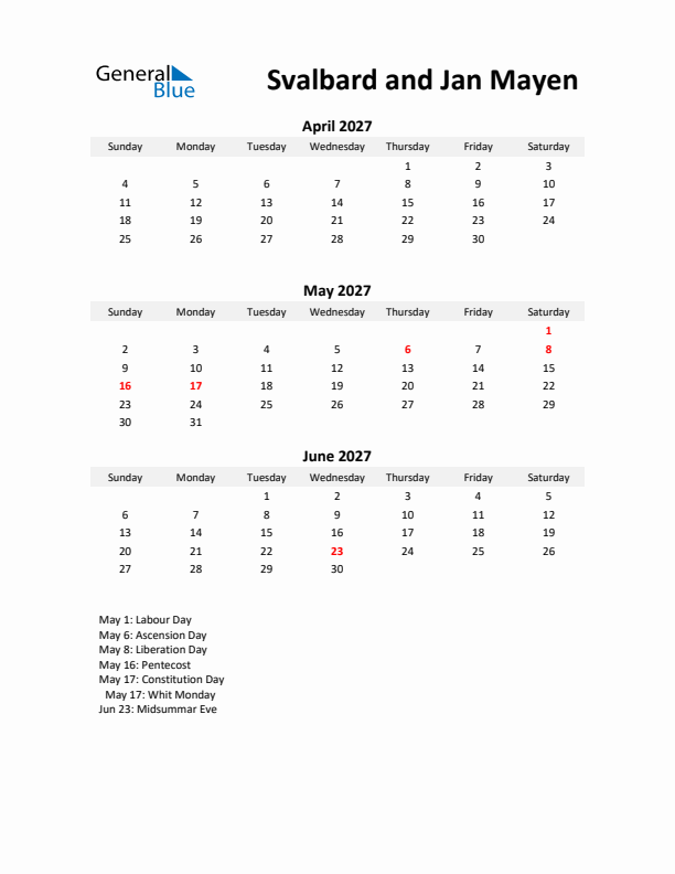 Printable Quarterly Calendar with Notes and Svalbard and Jan Mayen Holidays- Q2 of 2027