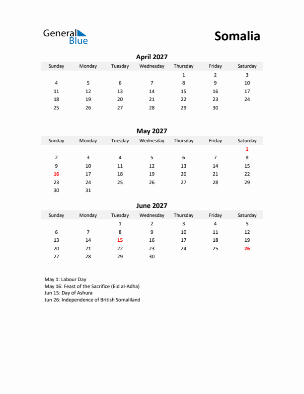 Printable Quarterly Calendar with Notes and Somalia Holidays- Q2 of 2027