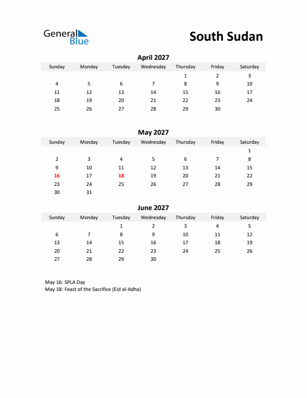 Printable Quarterly Calendar with Notes and South Sudan Holidays- Q2 of 2027