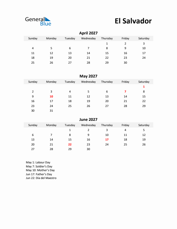 Printable Quarterly Calendar with Notes and El Salvador Holidays- Q2 of 2027