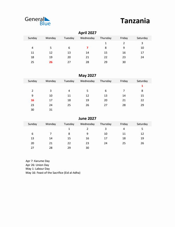 Printable Quarterly Calendar with Notes and Tanzania Holidays- Q2 of 2027