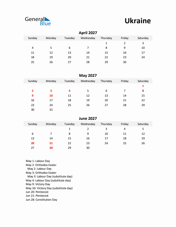 Printable Quarterly Calendar with Notes and Ukraine Holidays- Q2 of 2027