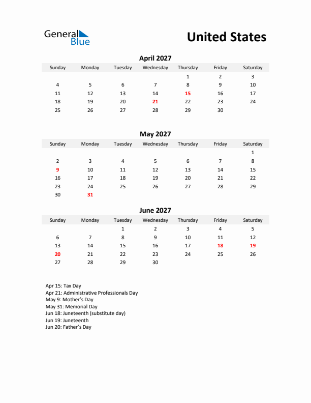 Printable Quarterly Calendar with Notes and United States Holidays- Q2 of 2027