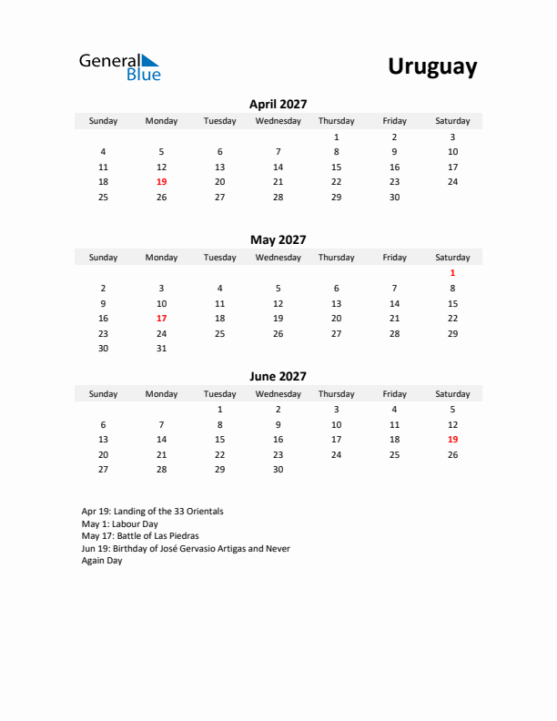 Printable Quarterly Calendar with Notes and Uruguay Holidays- Q2 of 2027