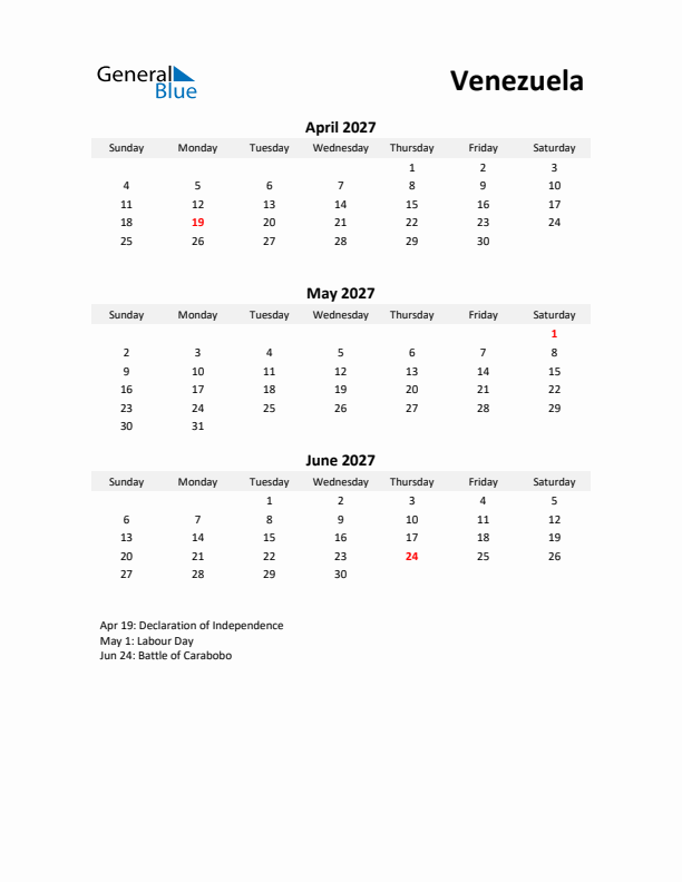 Printable Quarterly Calendar with Notes and Venezuela Holidays- Q2 of 2027