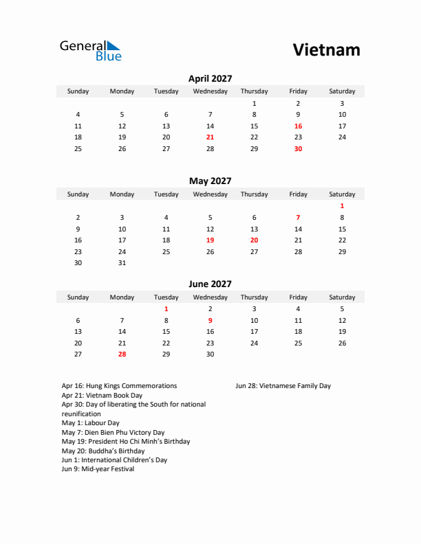 Printable Quarterly Calendar with Notes and Vietnam Holidays- Q2 of 2027