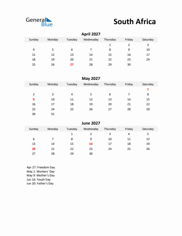 Printable Quarterly Calendar with Notes and South Africa Holidays- Q2 of 2027