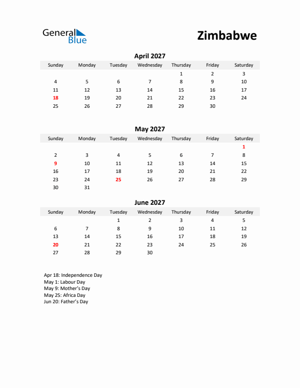 Printable Quarterly Calendar with Notes and Zimbabwe Holidays- Q2 of 2027