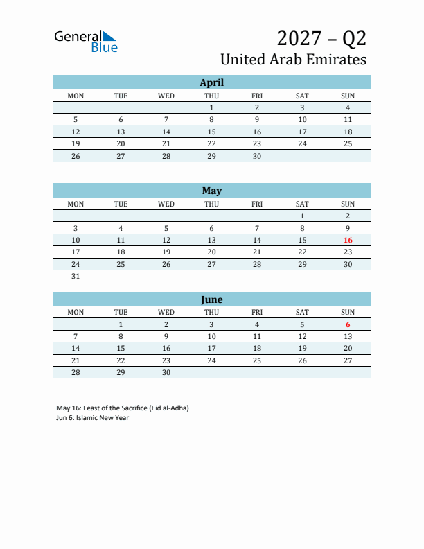 Three-Month Planner for Q2 2027 with Holidays - United Arab Emirates