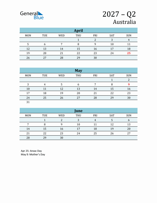 Three-Month Planner for Q2 2027 with Holidays - Australia