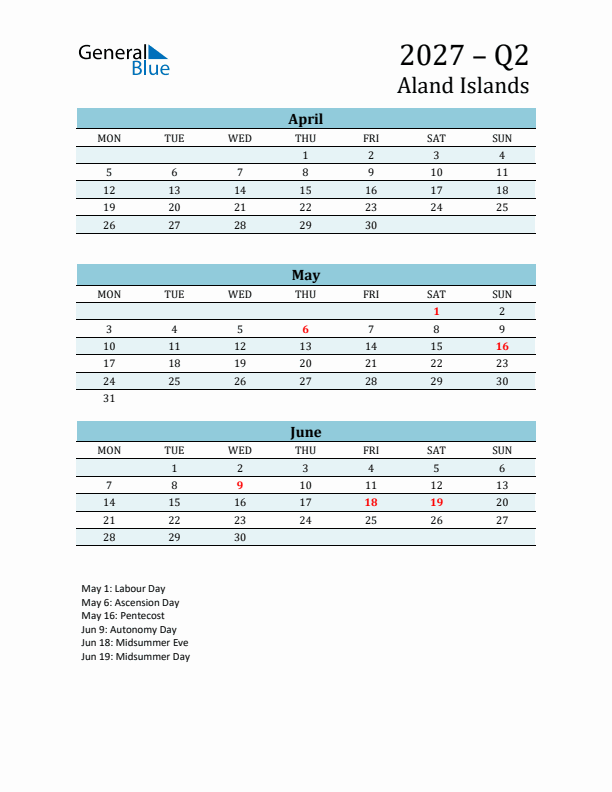 Three-Month Planner for Q2 2027 with Holidays - Aland Islands