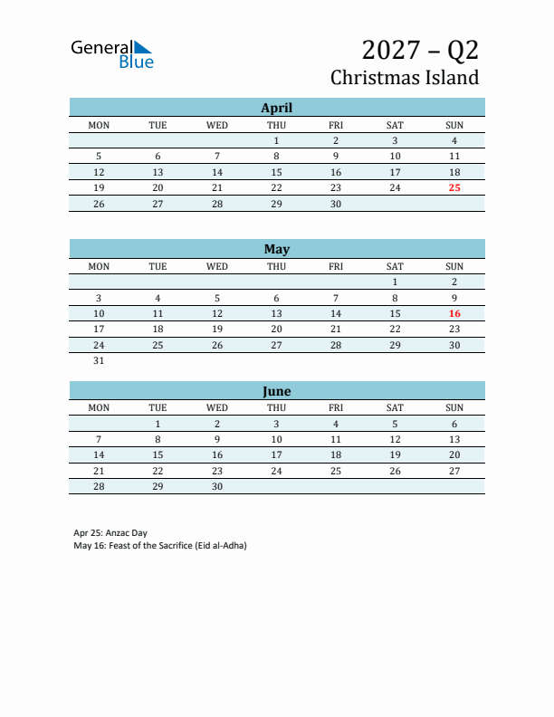 Three-Month Planner for Q2 2027 with Holidays - Christmas Island