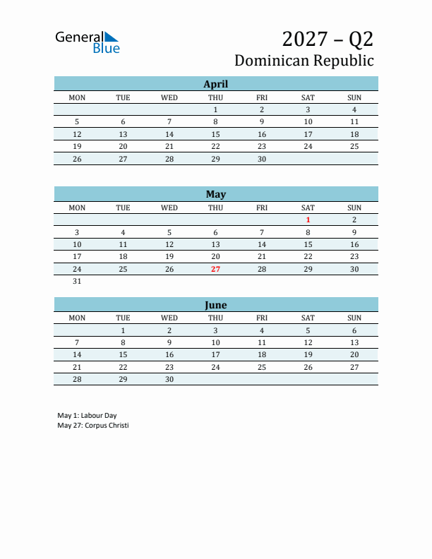 Three-Month Planner for Q2 2027 with Holidays - Dominican Republic