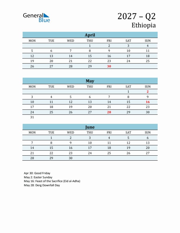 Three-Month Planner for Q2 2027 with Holidays - Ethiopia